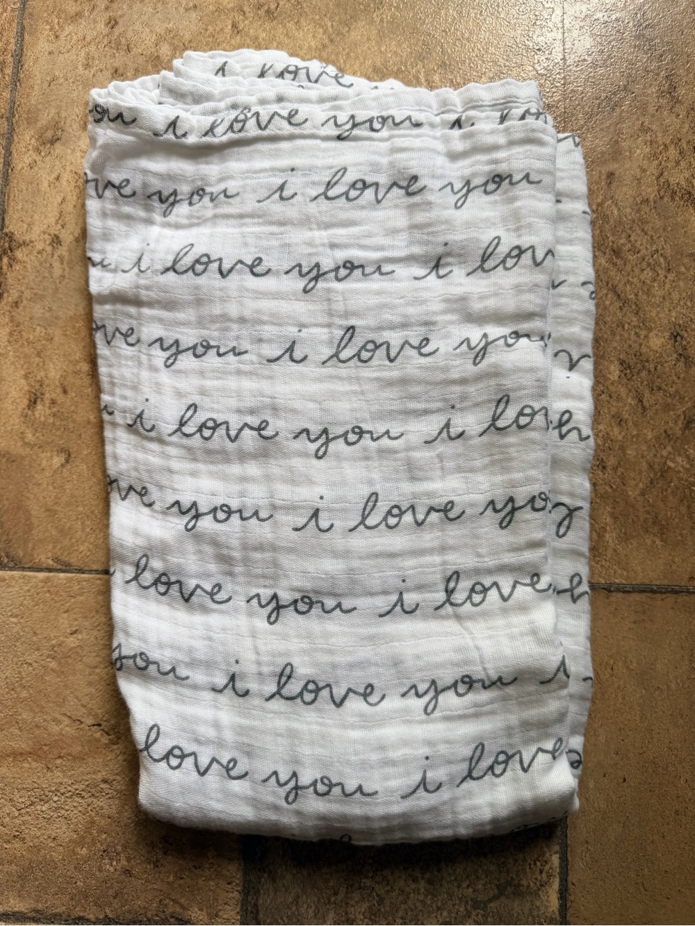 White Muslin Baby Swaddle Wrap Blanket with "I love you" Script NWOT